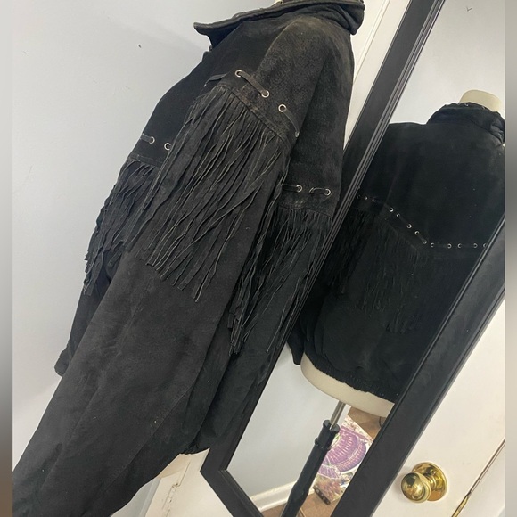 VNTG WILSON BLACK FRINGE WESTERN LEATHER JACKET W/SILVER INDIAN HEAD SNAP BUTTON - Picture 4 of 16